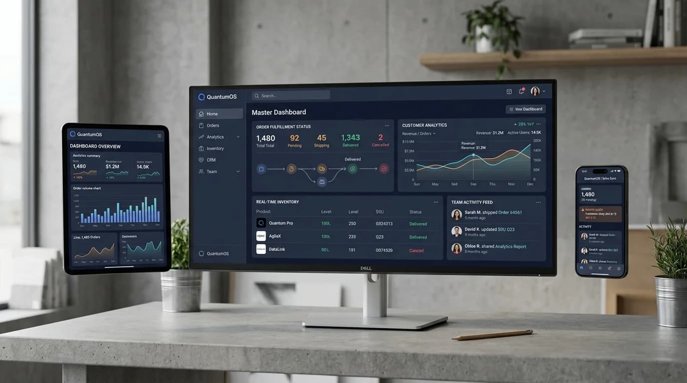Custom business software dashboard interface on desktop and mobile