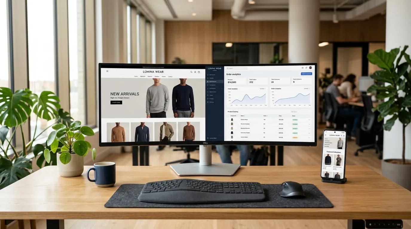 Magento eCommerce engineering workspace with live apparel storefront and order analytics dashboard on ultrawide display