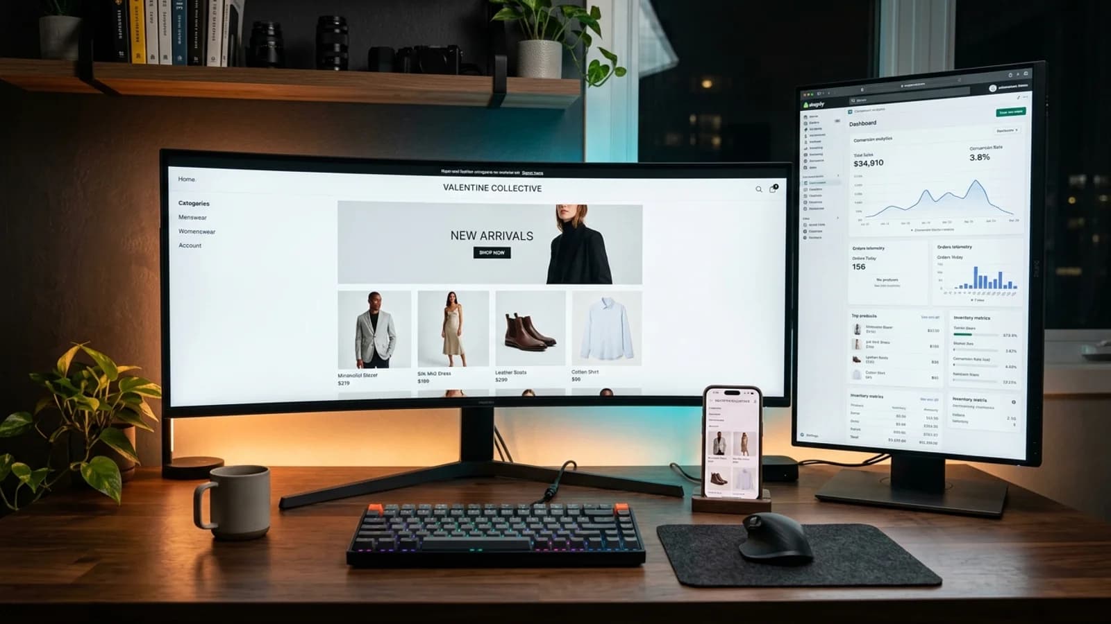 Shopify eCommerce development workspace showing modern luxury fashion storefront, theme customizer and real-time revenue telemetry on ultrawide display