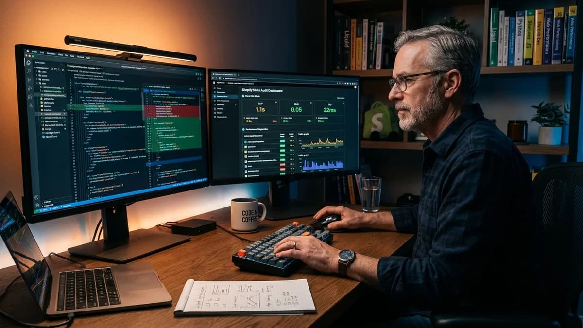 Senior eCommerce software engineer analyzing Shopify Liquid code diffs, app footprint, and Core Web Vitals audit dashboard