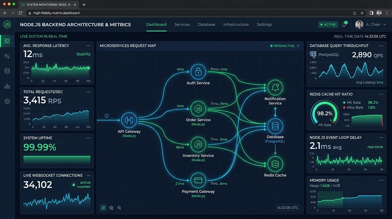 Node.js Production Cluster Telemetry and API Microservices Architecture Visual