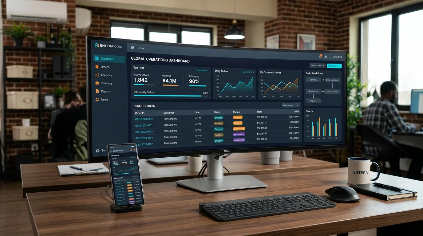 PHP Business Operations Software on Desktop Monitor and Mobile Screen